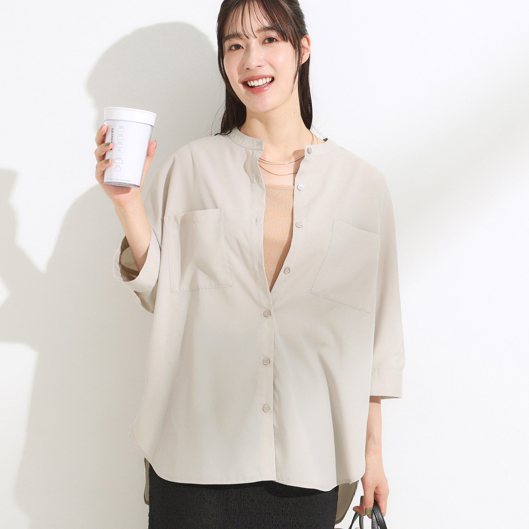 SHOO･LA･RUE「【S-LL/洗濯後しわになりにくい】コットン風 前あきドルマンブラウス」|シャツ・ブラウス|グレージュ(050)