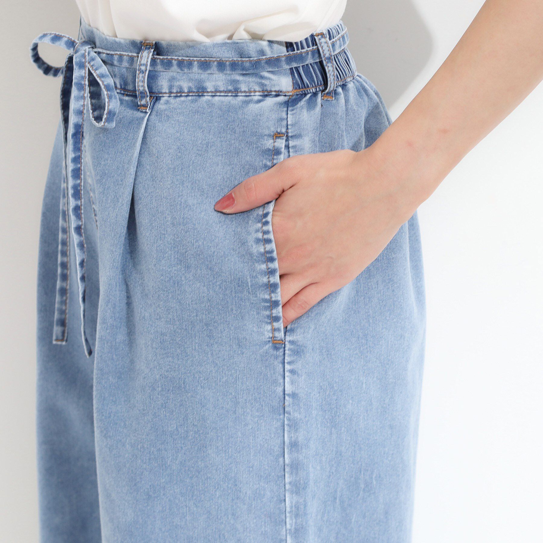 SHOO･LA･RUE「【セットアップ可/S-LL】リボン付き イージーワイドデニムパンツ」|デニム|