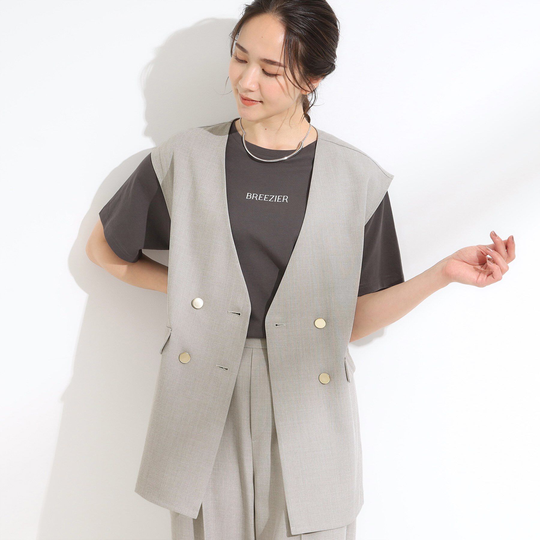 SHOO･LA･RUE「【S-LL/セットアップ可/洗濯後しわになりにくい】ダブルベスト」|ベスト・ジレ|グレー(012)