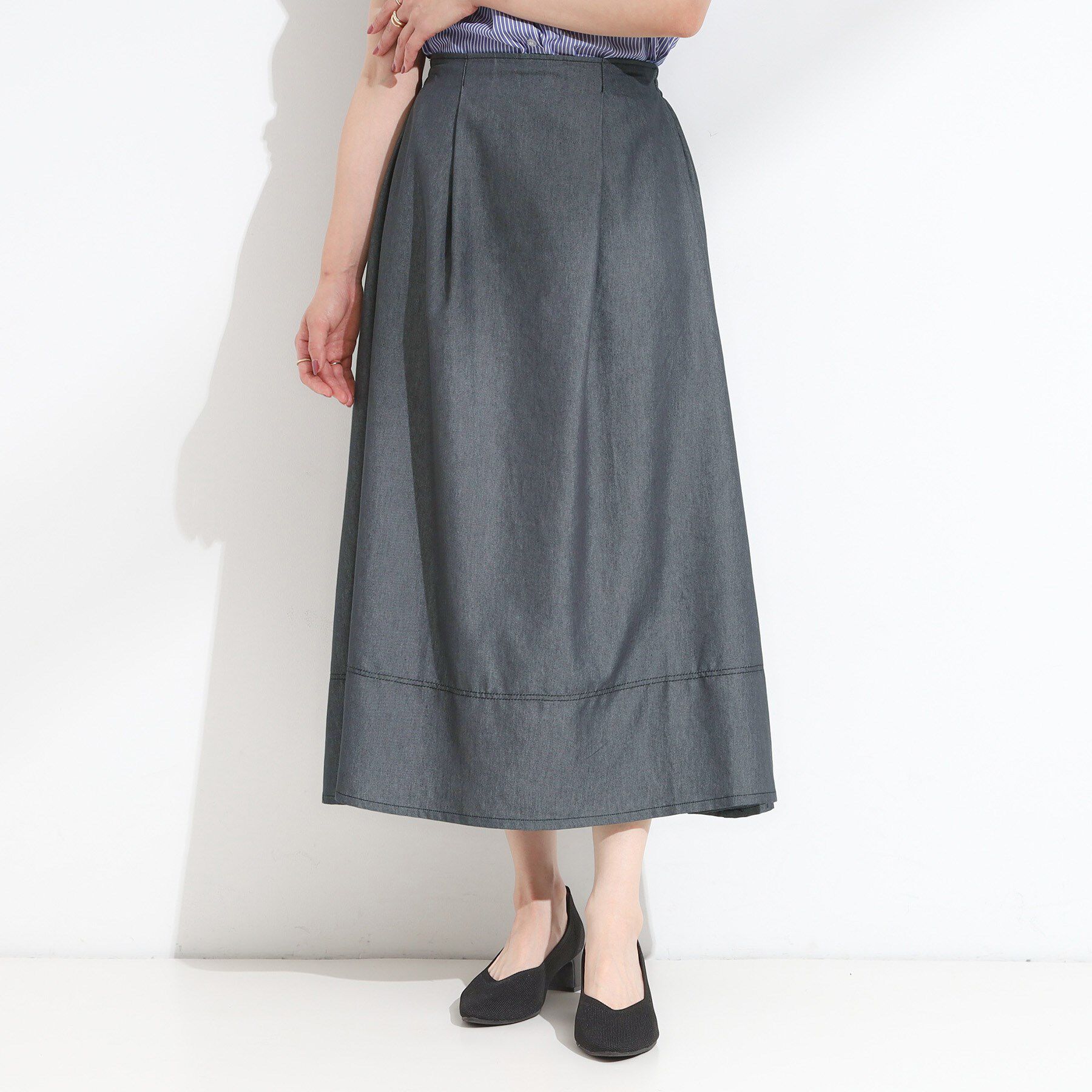 SHOO･LA･RUE「【S-LL】配色ステッチがアクセント デニムフレアスカート」|スカート|