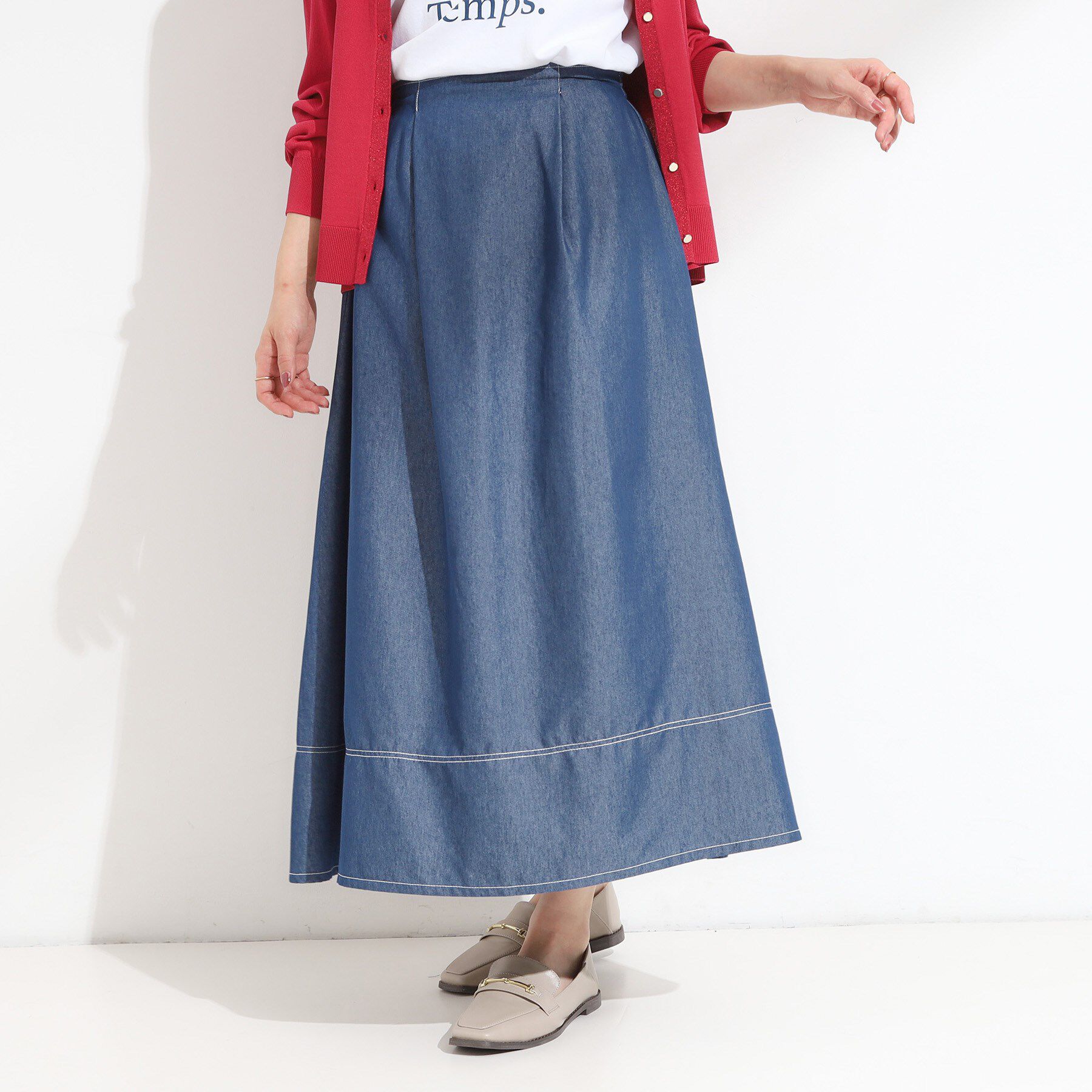 SHOO･LA･RUE「【S-LL】配色ステッチがアクセント デニムフレアスカート」|スカート|