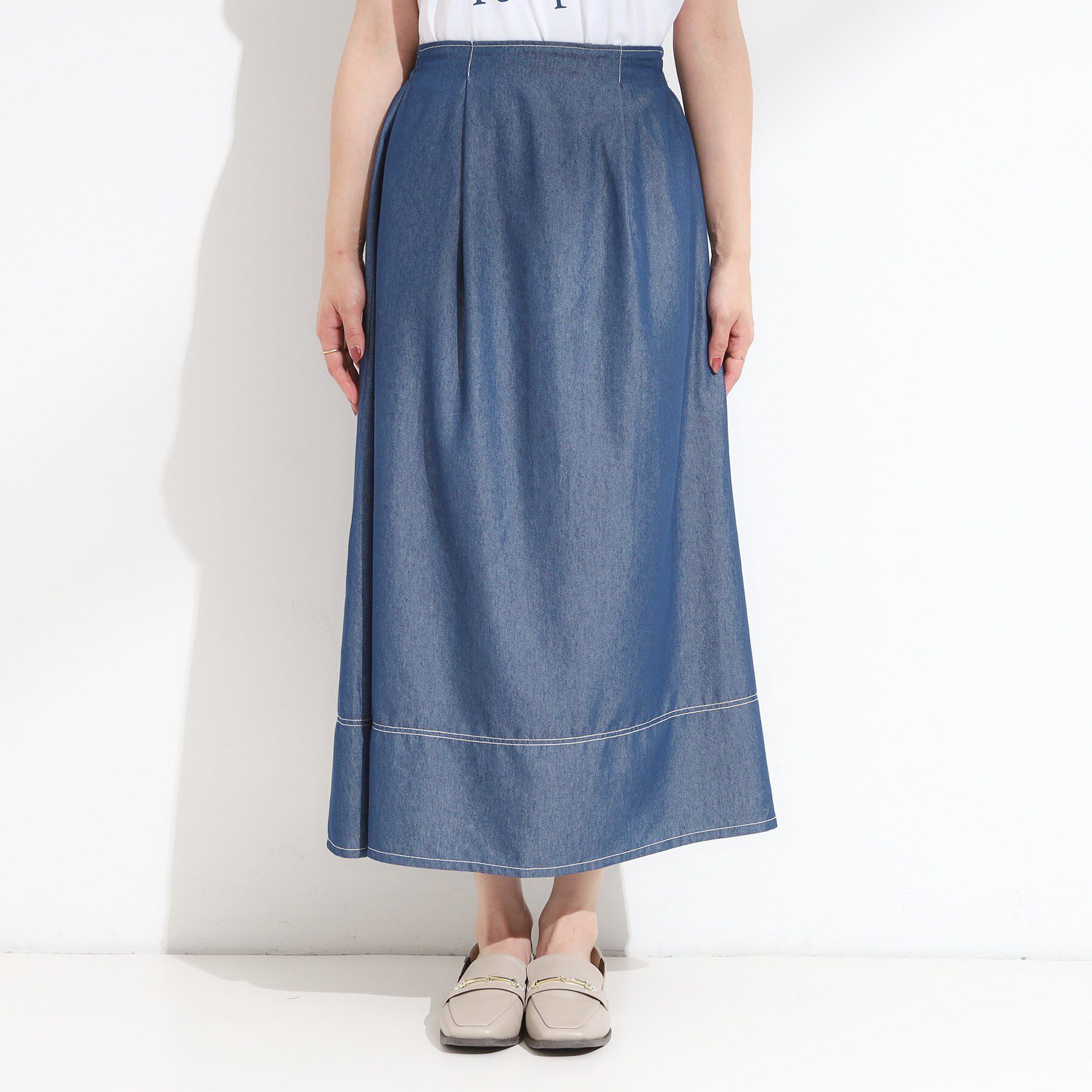 SHOO･LA･RUE「【S-LL】配色ステッチがアクセント デニムフレアスカート」|スカート|