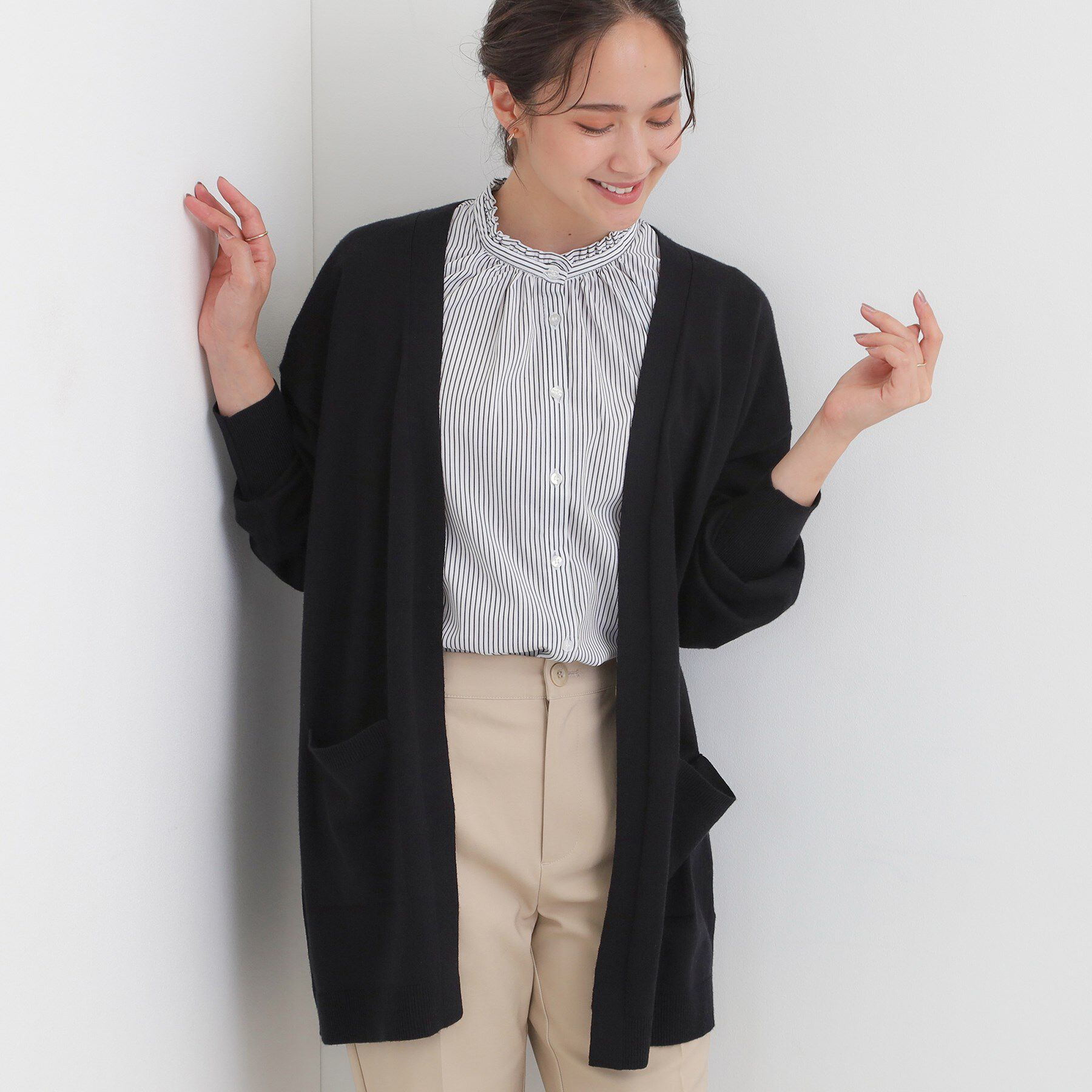 SHOO･LA･RUE「【洗える/体型カバー】もちもちタッチが心地よい トッパーカーディガン」|カーディガン|ブラック(019)