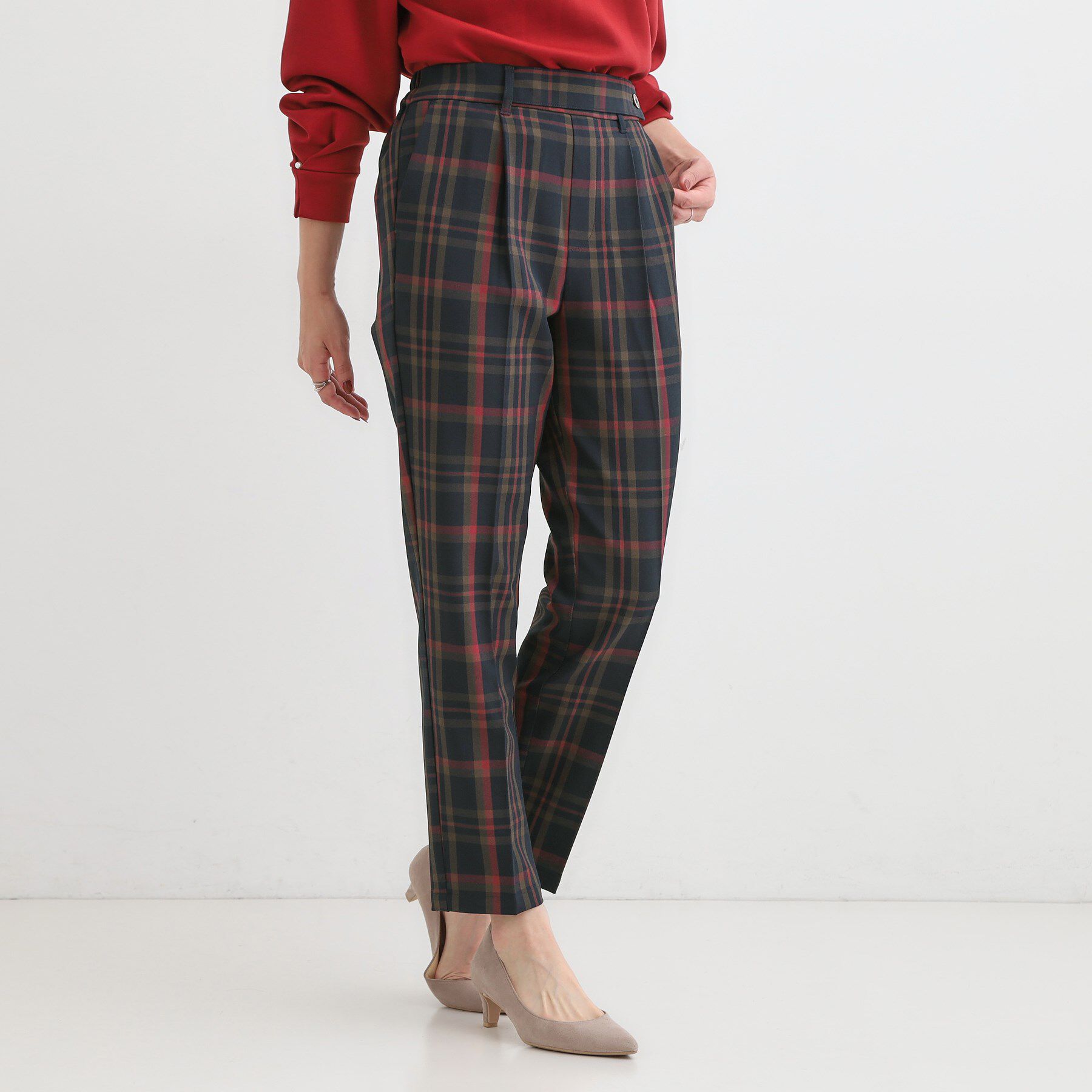 SHOO･LA･RUE「【S-LL/チェック柄アソート】脚のラインをきれいに見せる タックテーパードパンツ」|その他|