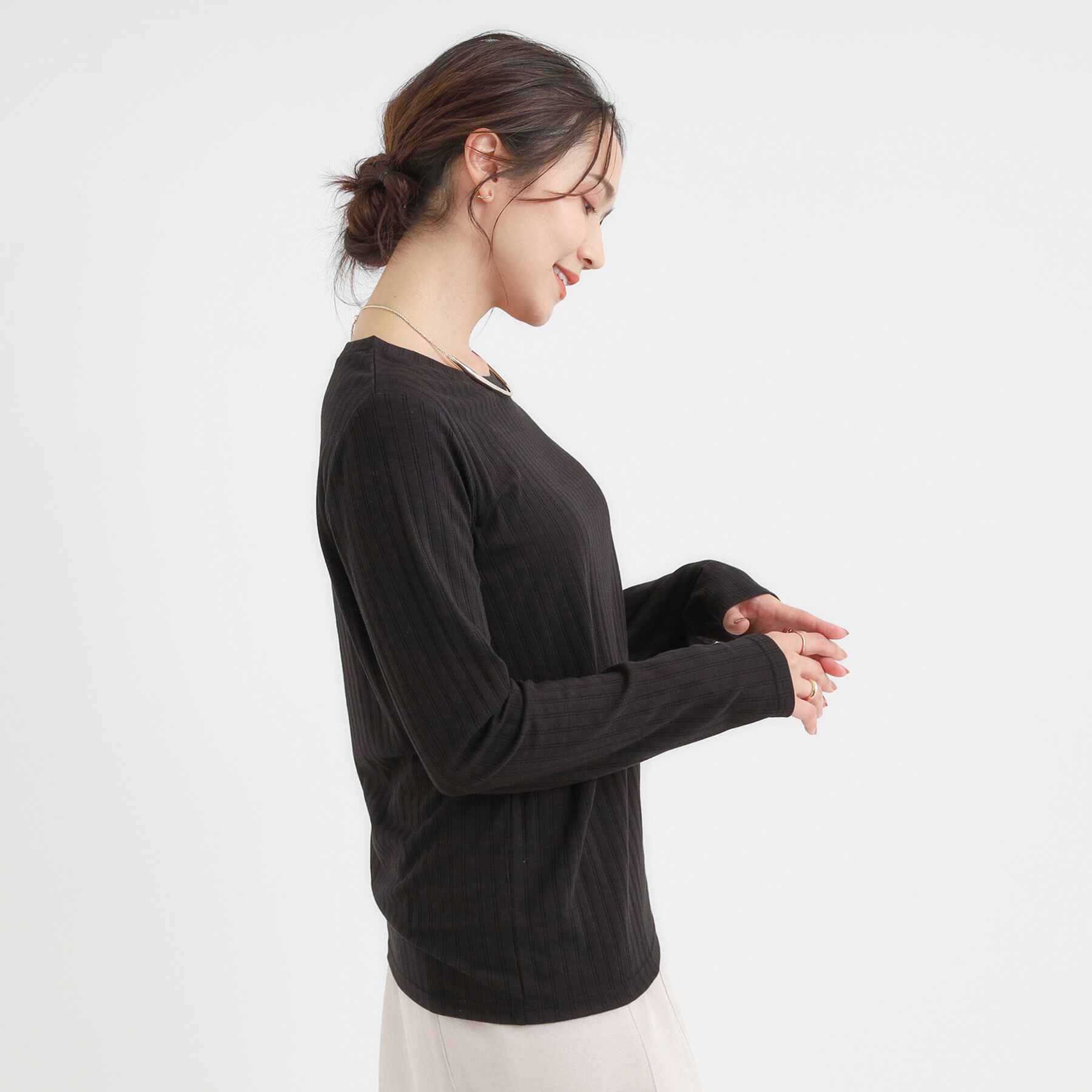 SHOO･LA･RUE「【S-LL】1枚でも、重ね着にも ワイドテレコ クルーネックインナー」|Tシャツ・カットソー|