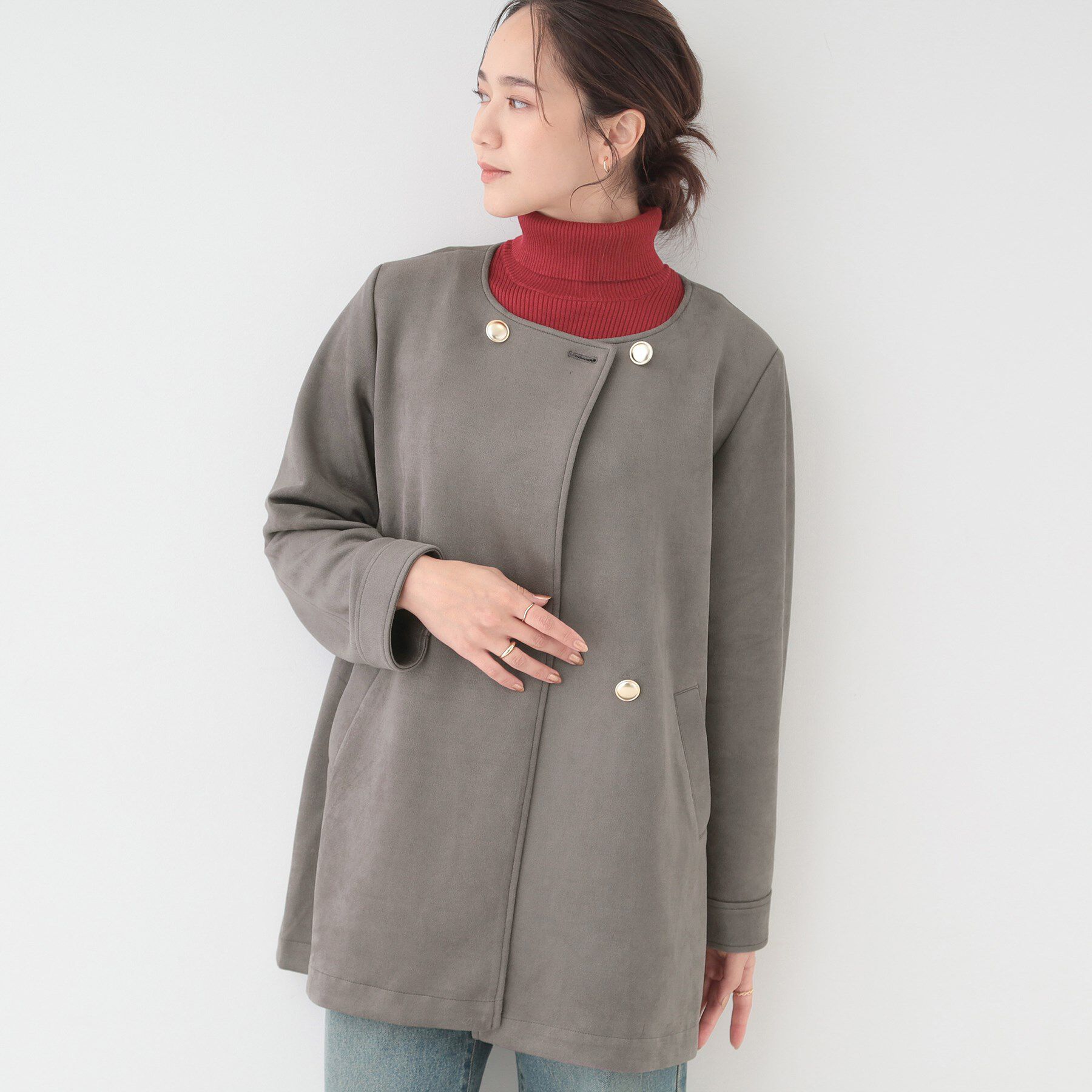 SHOO･LA･RUE「【S-LL】上品さを纏う やわらかフェイクスエード ミドル丈ブルゾン」|ブルゾン・スタジャン|チャコールグレー(0