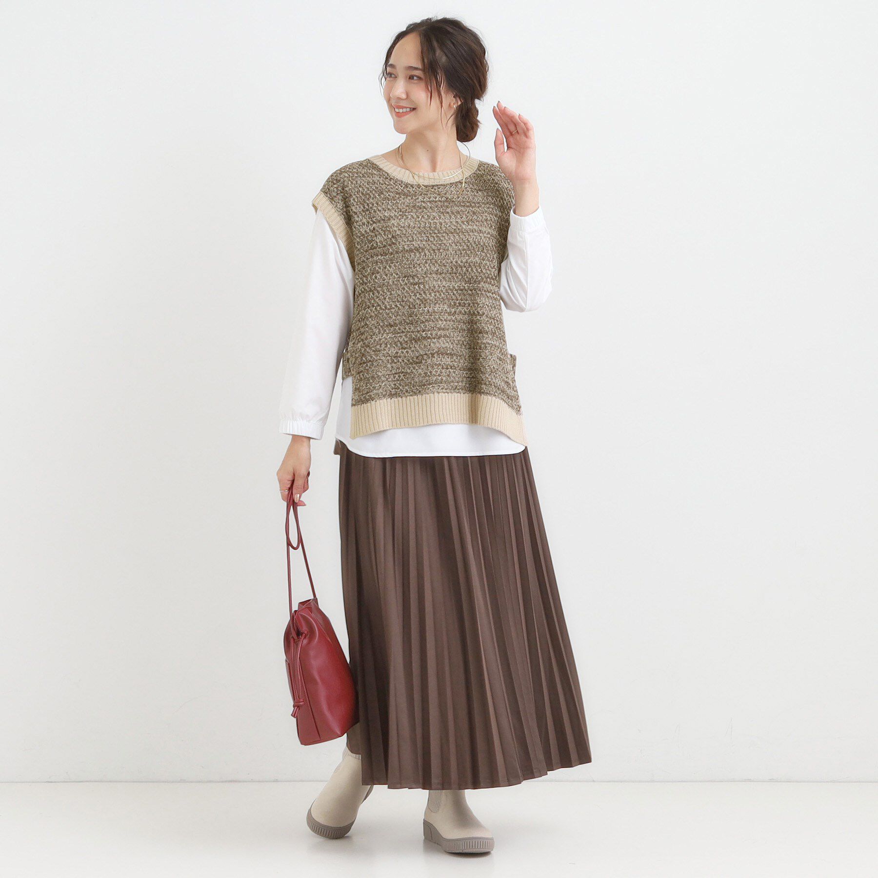 SHOO･LA･RUE「【2点セット/S-LL】着回しいろいろ 編み柄ベスト&times;ブラウス」|ニット・セーター|