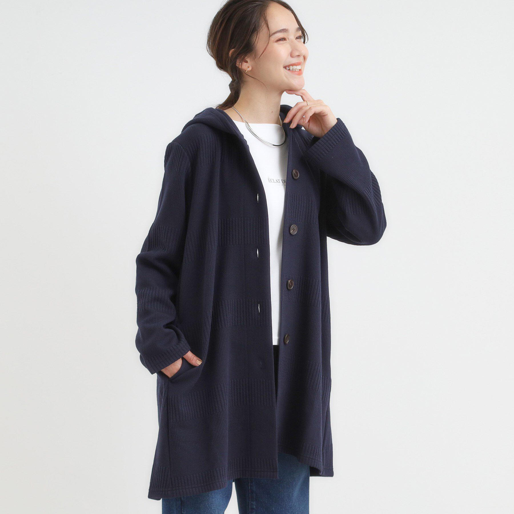 SHOO･LA･RUE「【高レビュー/春まで着られる】体型をカバーしながらスマートに魅せる ラインジャカードコーディガン」|カーディガン|ネイビー(094)