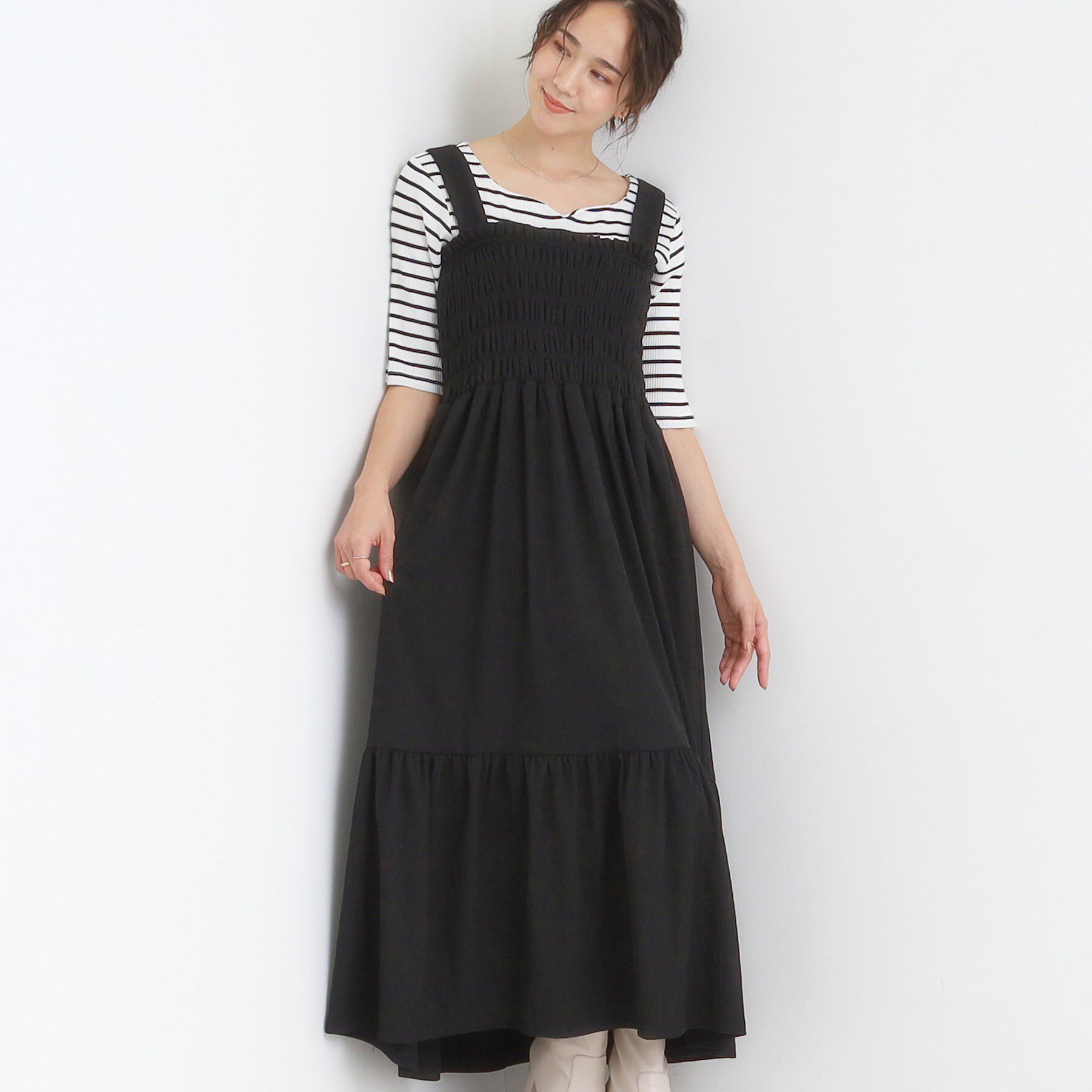 SHOO･LA･RUE「【2WAY】肩紐が取り外しできる シャーリングワンピース」|ワンピース|ブラック(019)