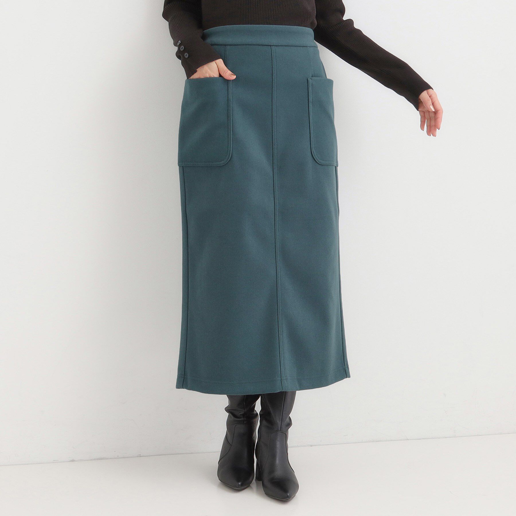 SHOO･LA･RUE「【S-LL】あったかすっきり 圧縮ニットナロースカート」|スカート|グリーン(024)