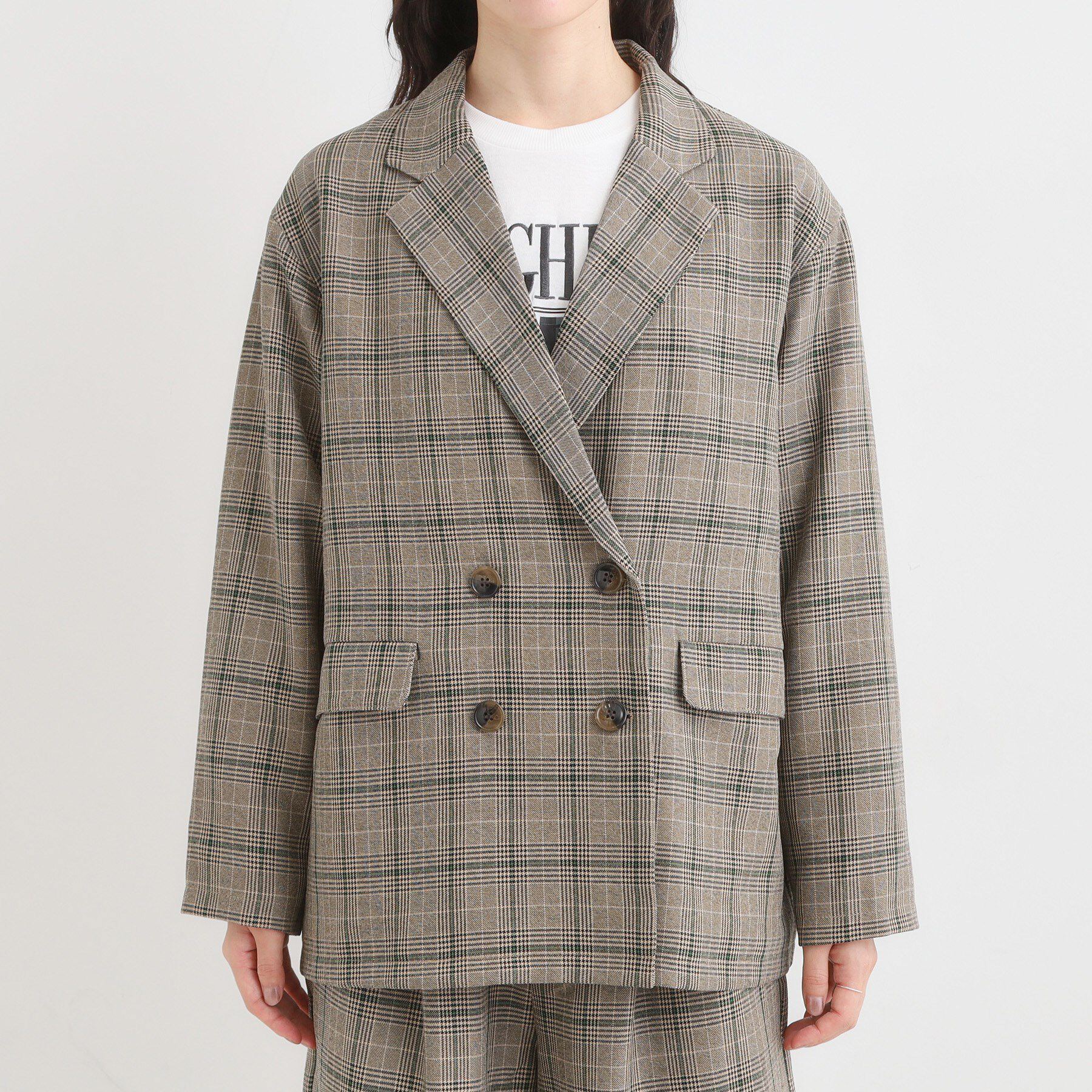 SHOO･LA･RUE「【セットアップ可】チェック柄 ダブルブレストテーラードゆるジャケット」|テーラードジャケット|