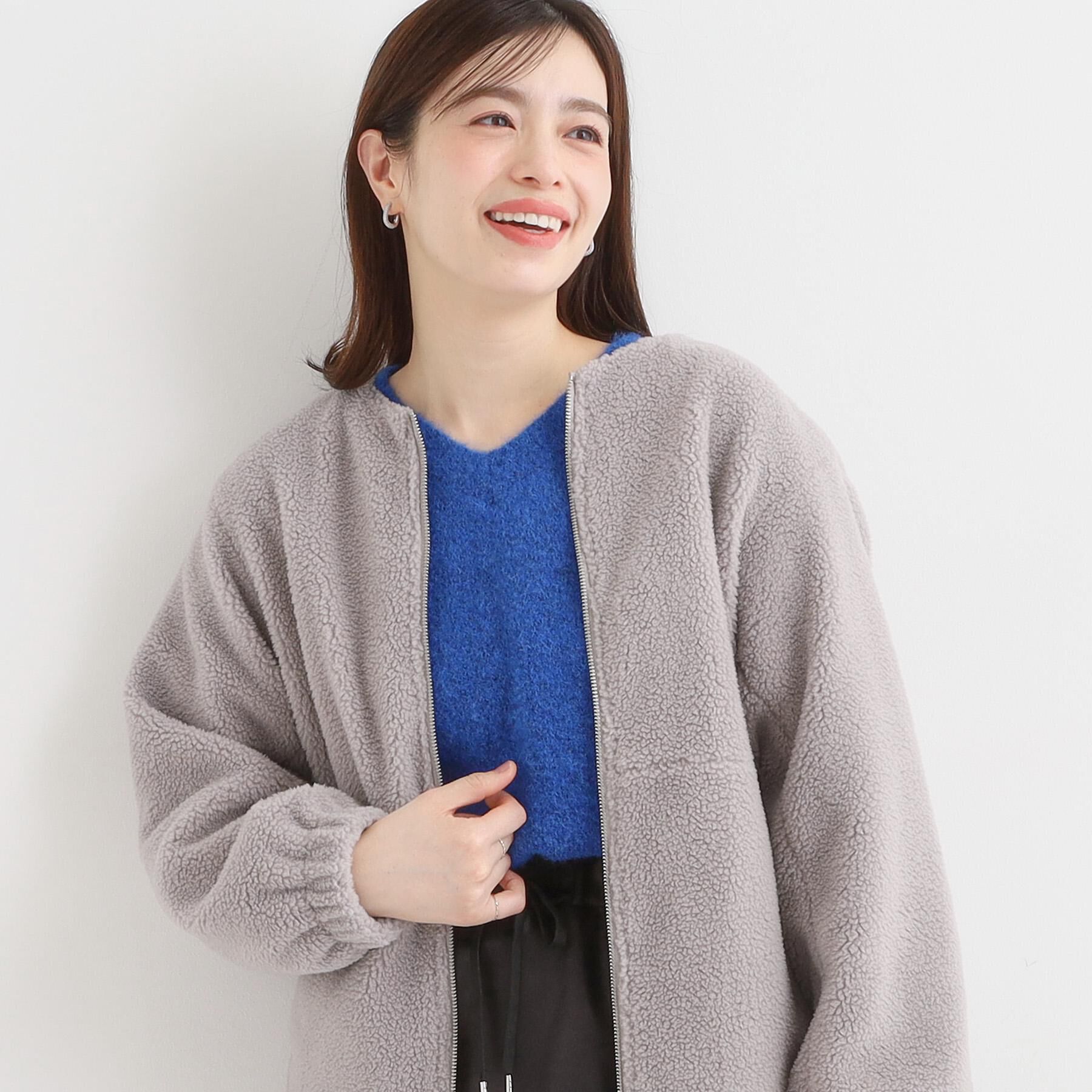 SHOO･LA･RUE「【洗濯機可】即サマになる ノーカラー ボアブルゾン」|ブルゾン・スタジャン|ライトグレー(011