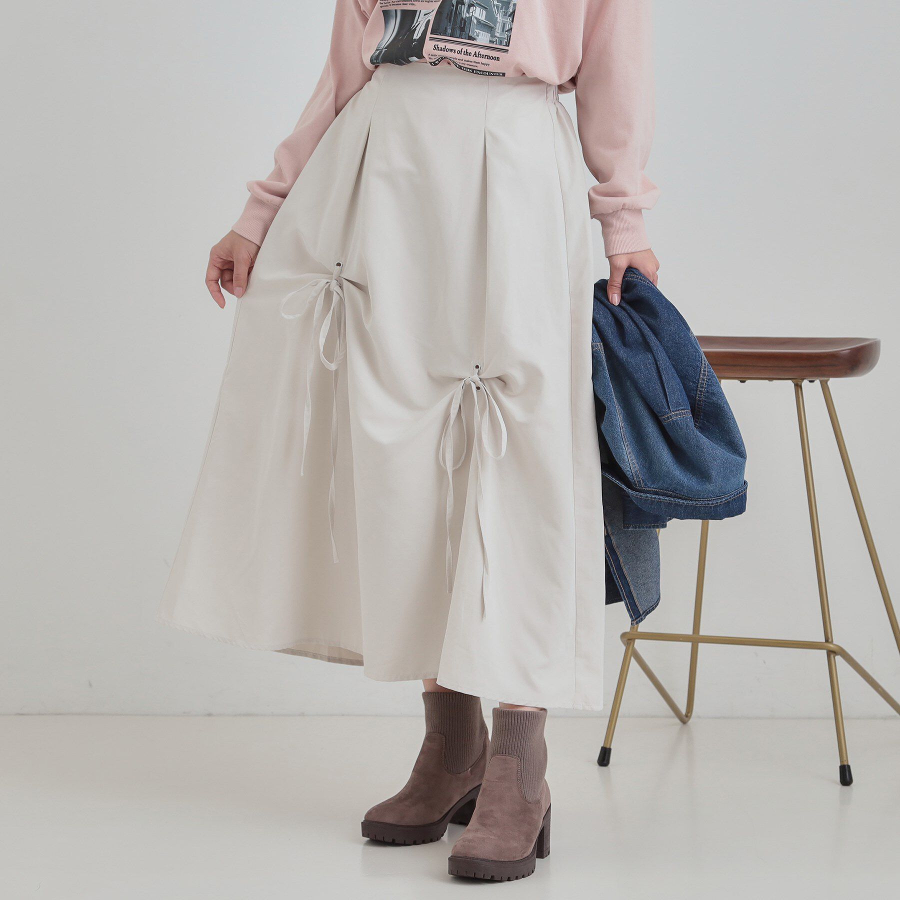 SHOO･LA･RUE「リボンタック ピーチ起毛 フレアスカート」|スカート|アイボリー(004)