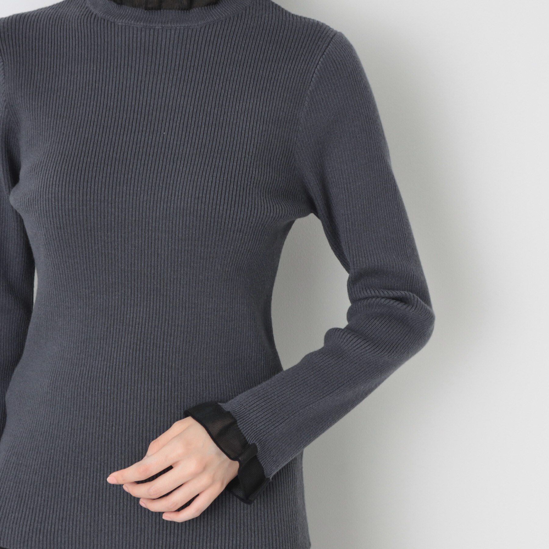 Dessin「【洗える】シースルーフリルネックリブニット」|ニット・セーター|