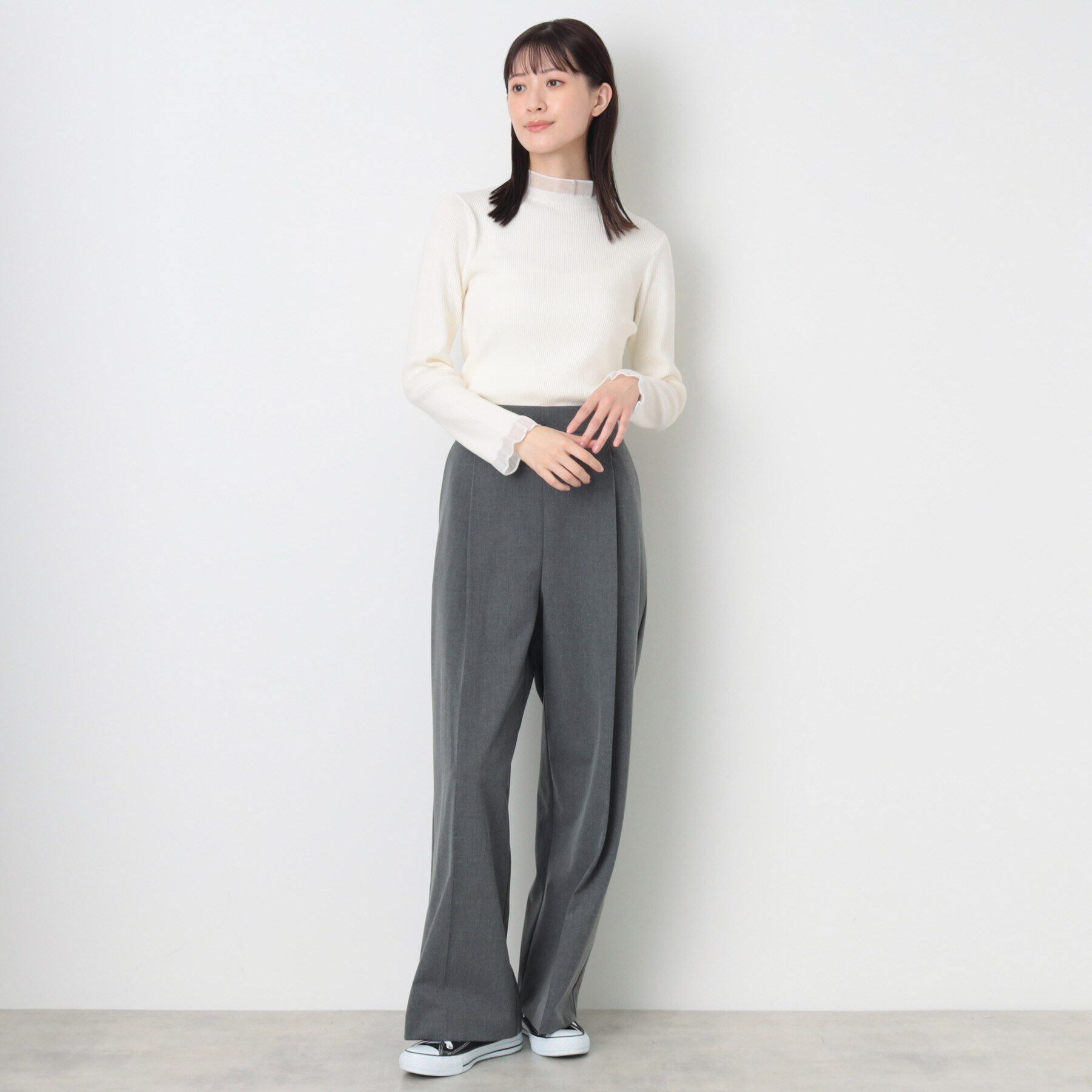 Dessin「【洗える】シースルーフリルネックリブニット」|ニット・セーター|