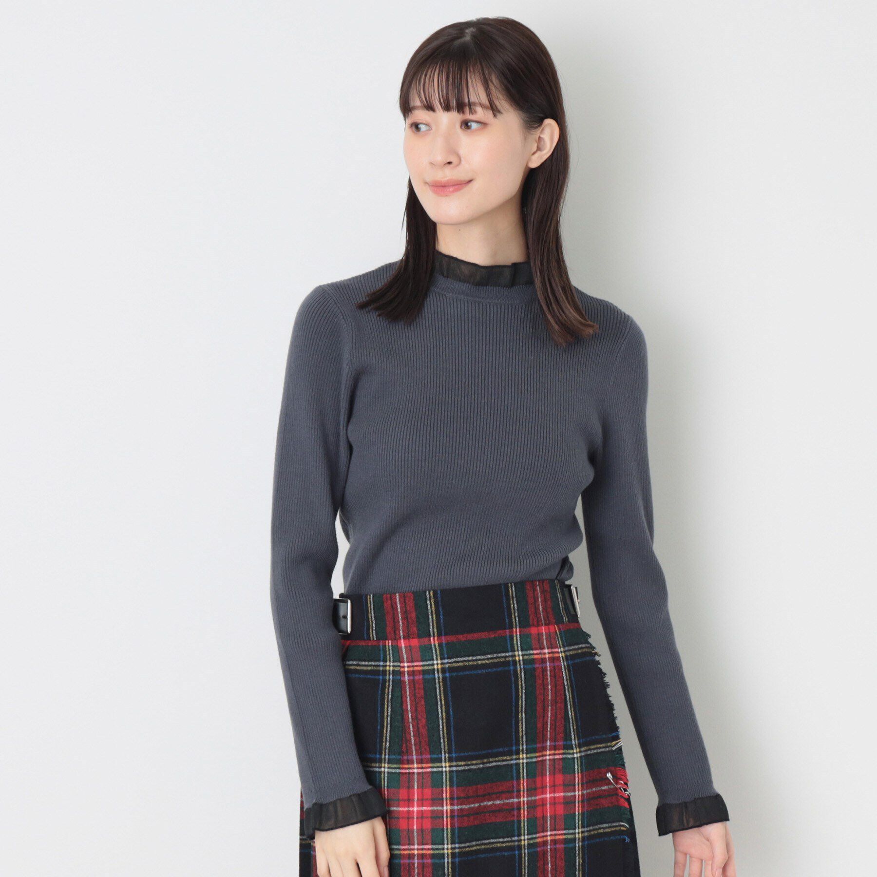 Dessin「【洗える】シースルーフリルネックリブニット」|ニット・セーター|