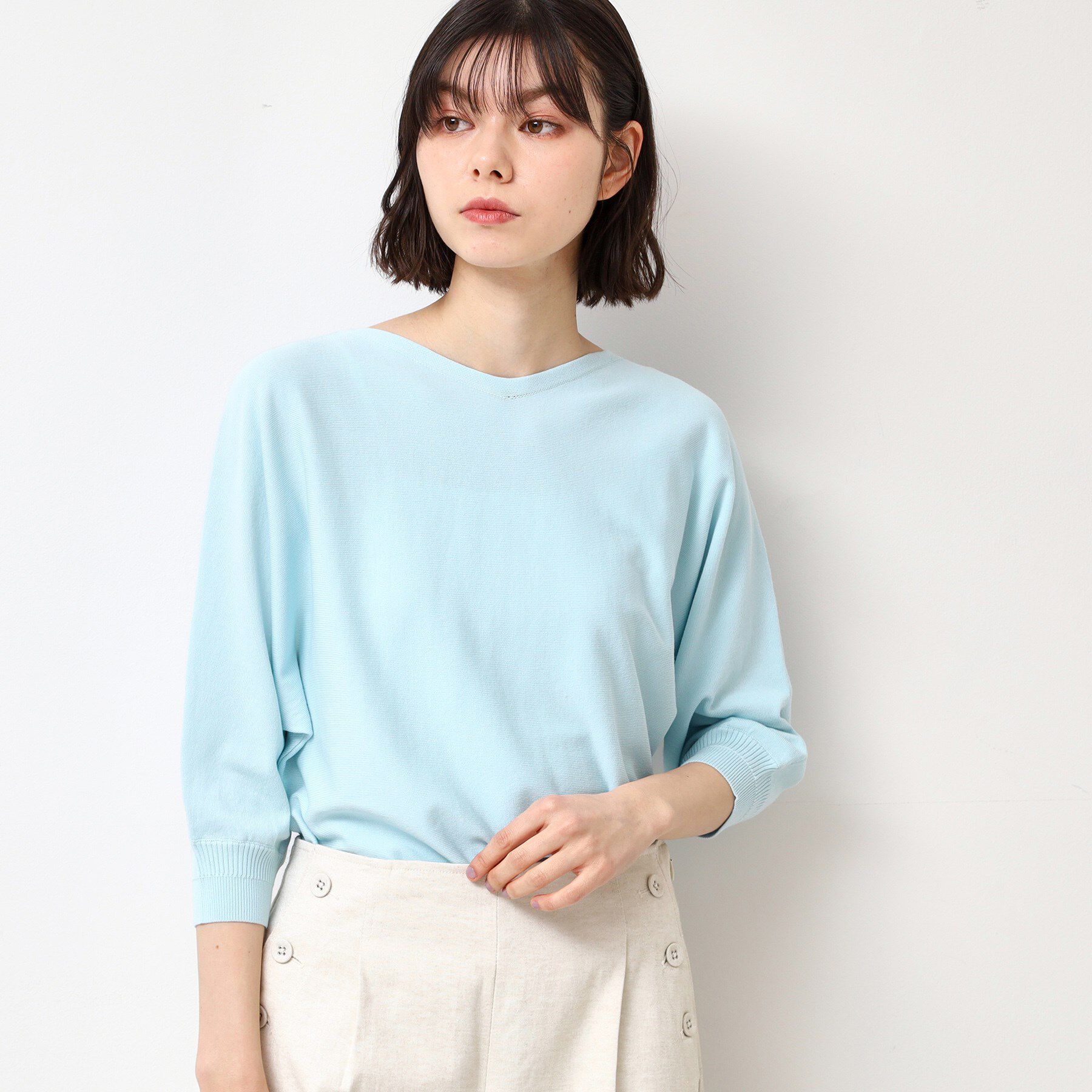 Dessin「【選べる7色展開・洗える】後ろボタンニットプルオーバー七分袖（XS～L）」|ニット・セーター|ブルー(091)