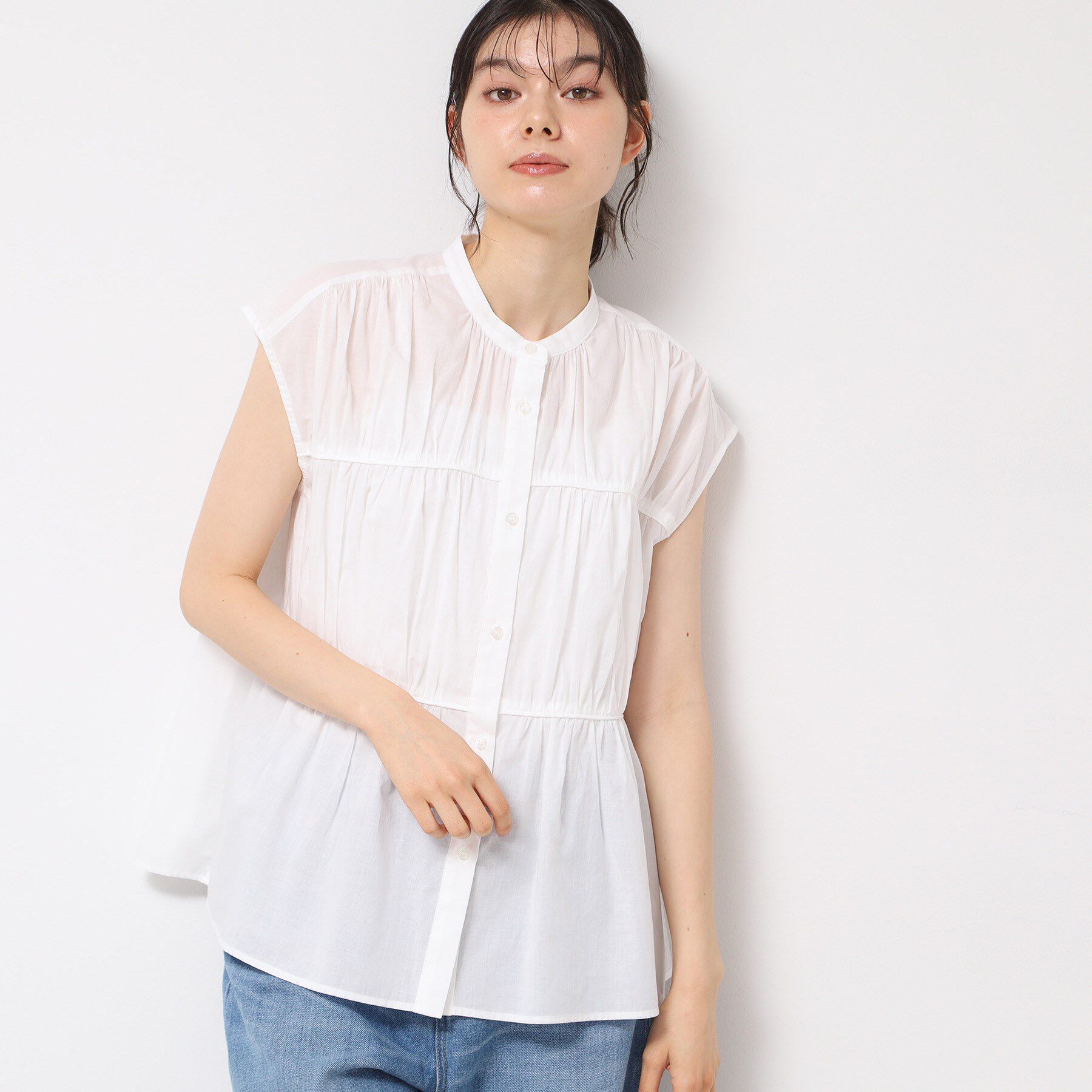 Dessin「【洗える】シャーリングペプラムブラウス」|シャツ・ブラウス|ホワイト(002)