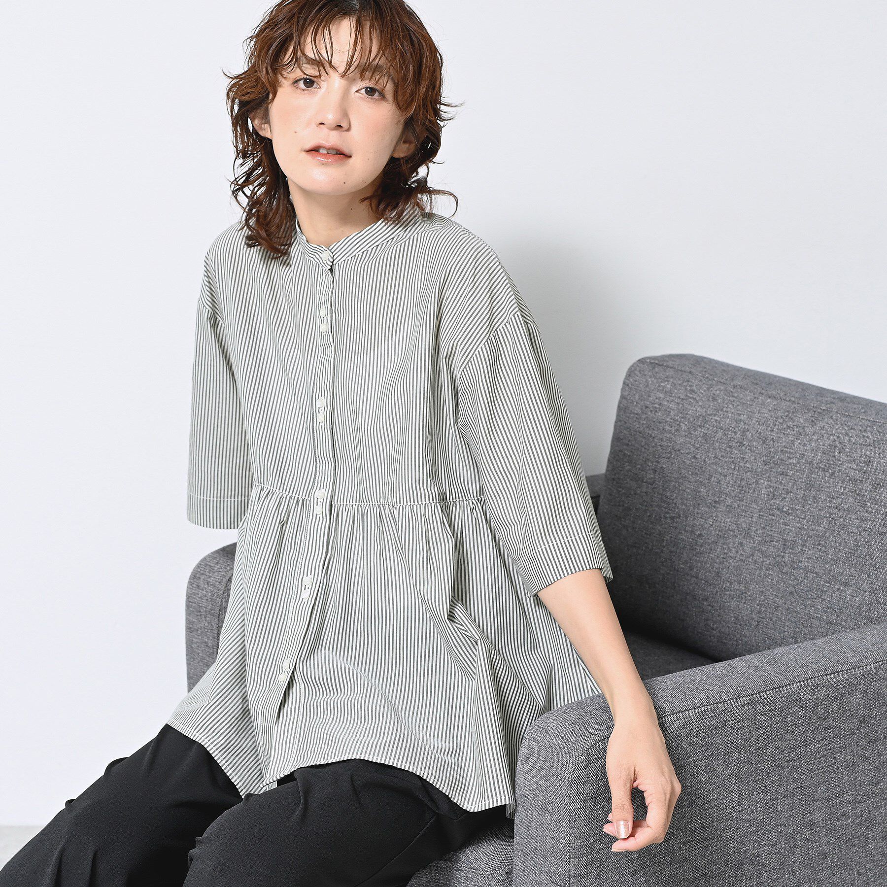 Dessin「【洗える／体型カバー】バンドカラーペプラムブラウス」|シャツ・ブラウス|