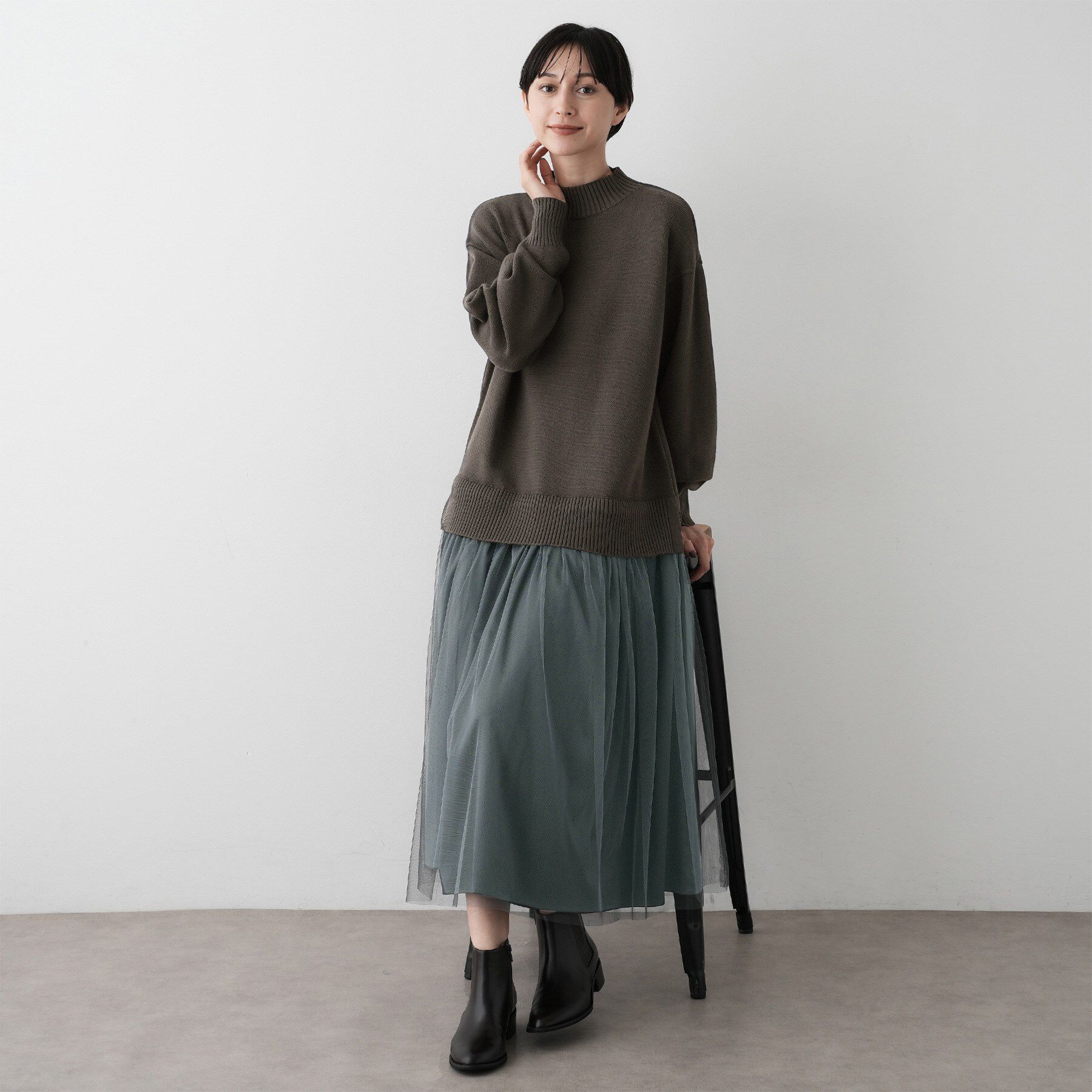 Dessin「【洗える】ニットチュールドッキングワンピース」|ワンピース|チャコールグレー(0