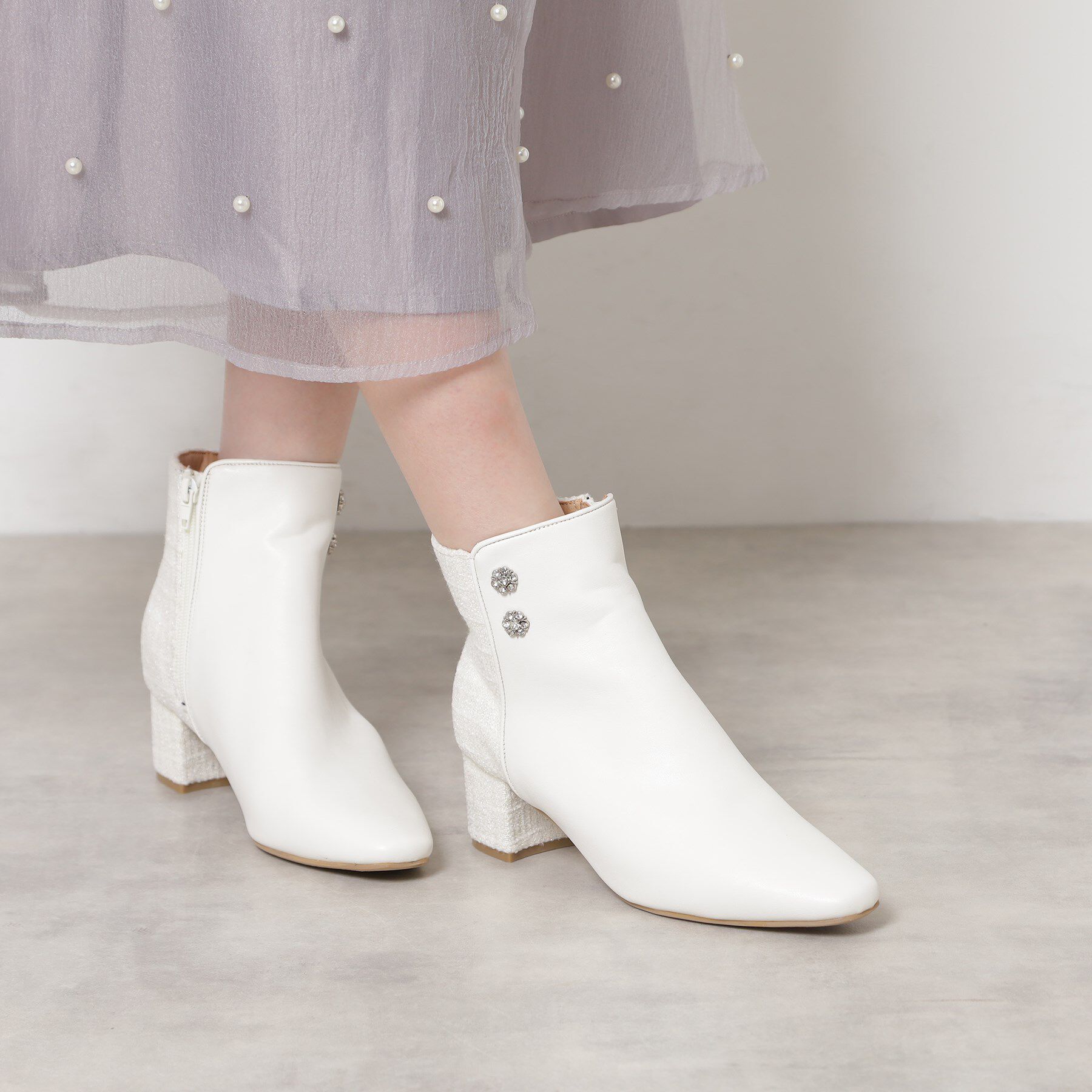 ESPERANZA「ビジュー付きツイードショートブーツ」|ショートブーツ|