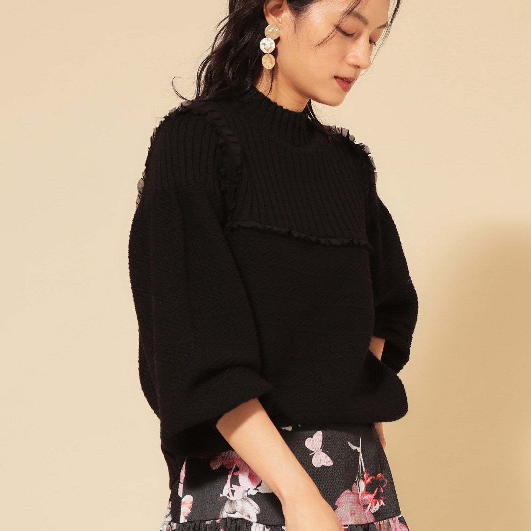 SunaUna「【COLLECTION LINE】編変化シフォンニット」|ニット・セーター|ブラック(019)