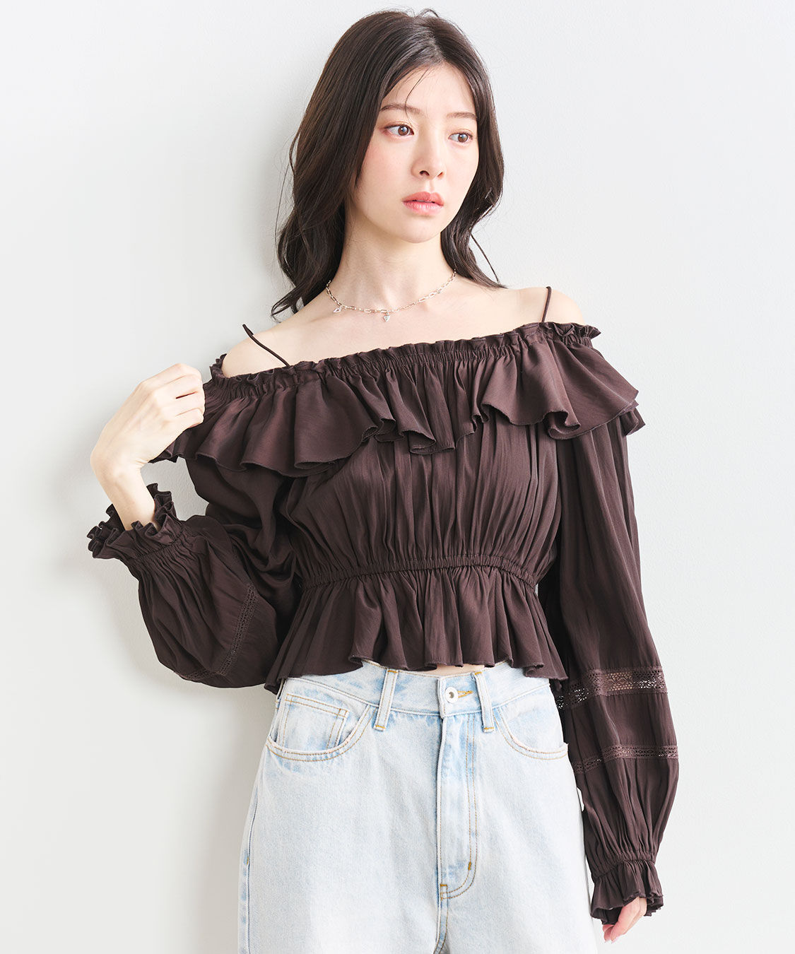 COCO DEAL「オフショルフリルサテンブラウス」|シャツ・ブラウス|