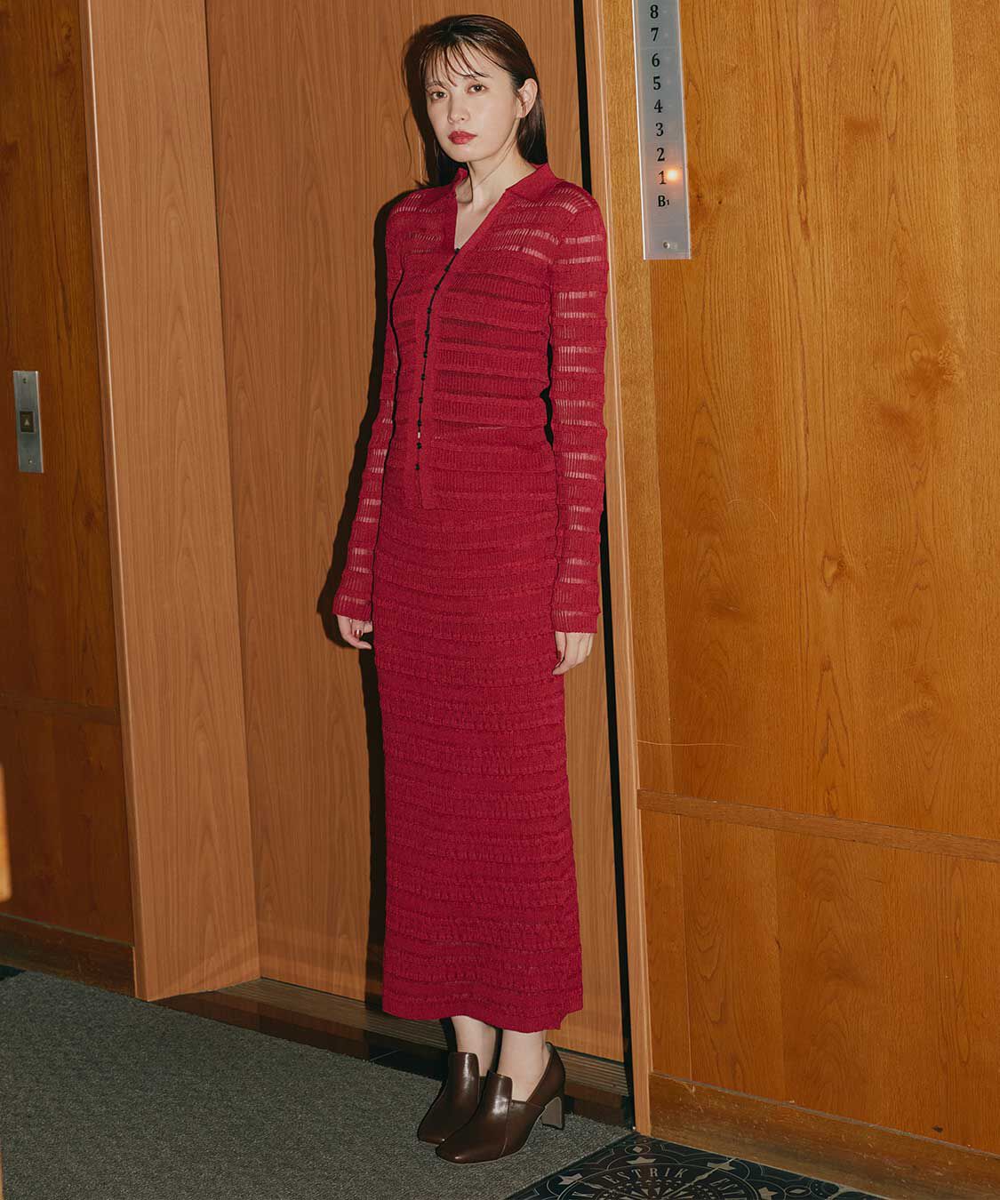 COCO DEAL「フリルボーダーニットタイトスカート」|タイト|レッド