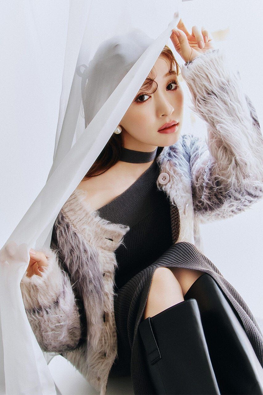 rienda「2WAYロングシャギーチェックショートニットカーディガン」|カーディガン|柄GRY5