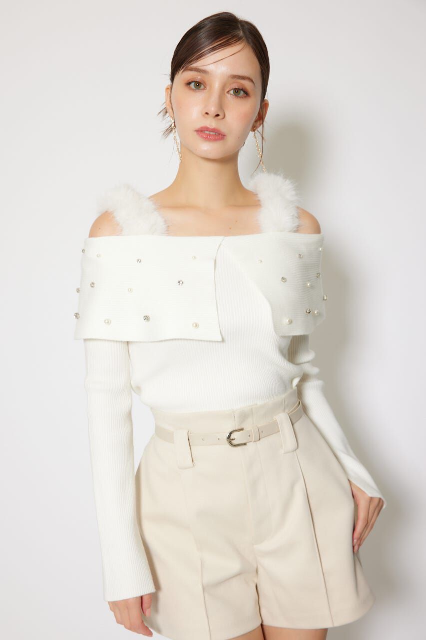 rienda「ショルダーフェイクファービジューニットトップス」|ニット・セーター|