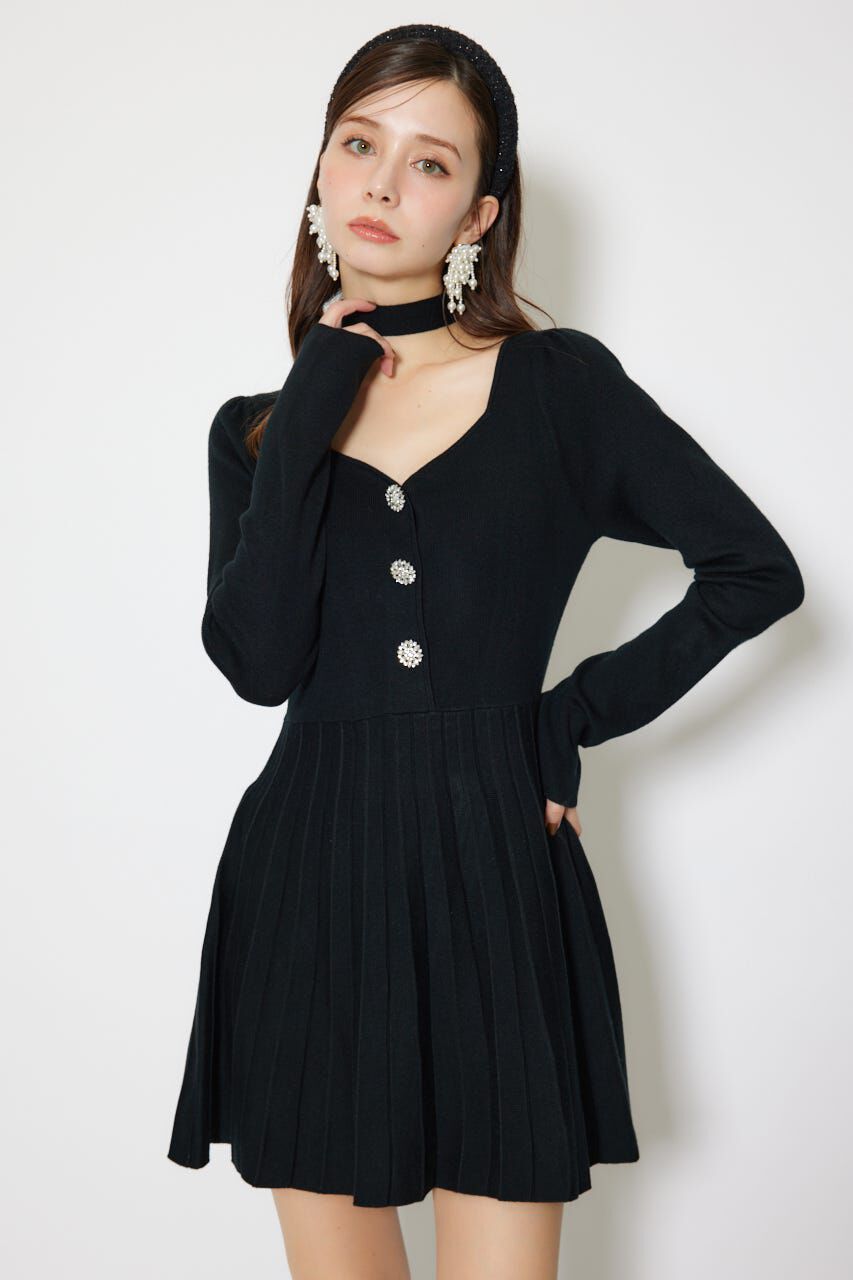 rienda「フロントビジュープリーツミニニットワンピース」|ワンピース|BLK
