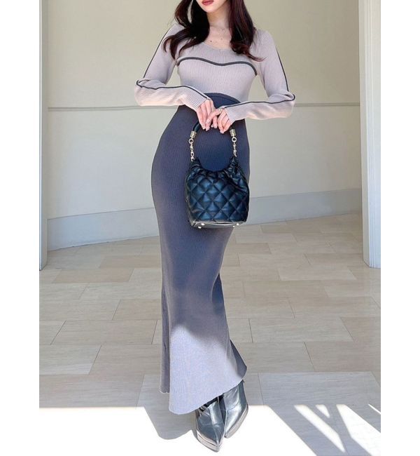 RESEXXY「バイカラーラインリブニットワンピース」|ワンピース|チャコールグレー