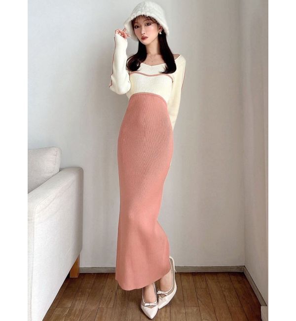 RESEXXY「バイカラーラインリブニットワンピース」|ワンピース|