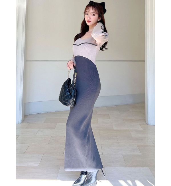 RESEXXY「バイカラーラインリブニットワンピース」|ワンピース|