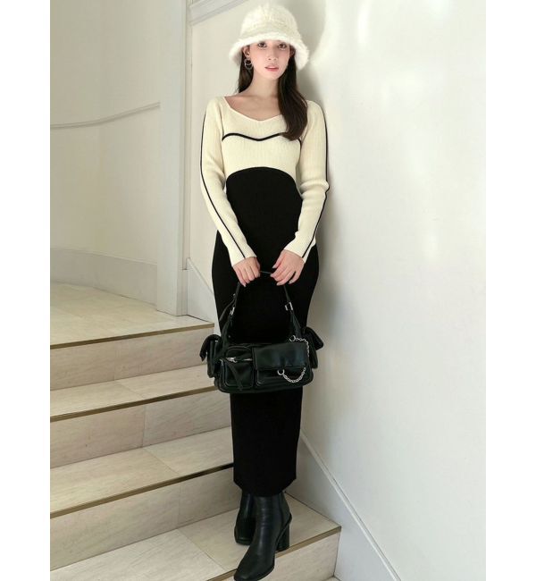 RESEXXY「バイカラーラインリブニットワンピース」|ワンピース|