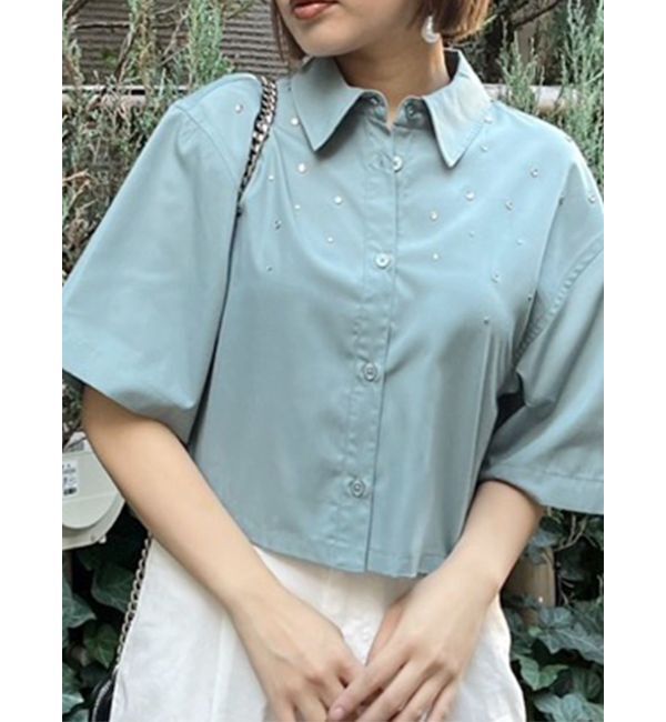 MURUA「ラインストーンクロップトシャツ」|シャツ・ブラウス|ブルー