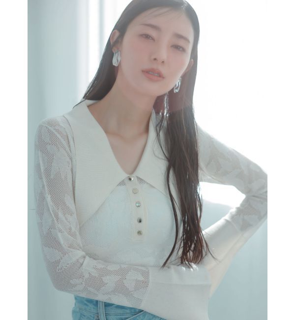 LAGUNAMOON「シアージャガードビッグカラーニットプルオーバー」|ニット・セーター|ホワイト