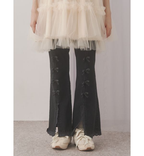 merry jenny「ribbonスリムフレアデニムパンツ」|デニム|ブラック