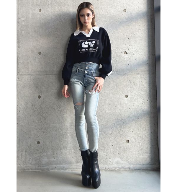 GYDA「round GY BICOLOR POLOニットトップス」|ニット・セーター|