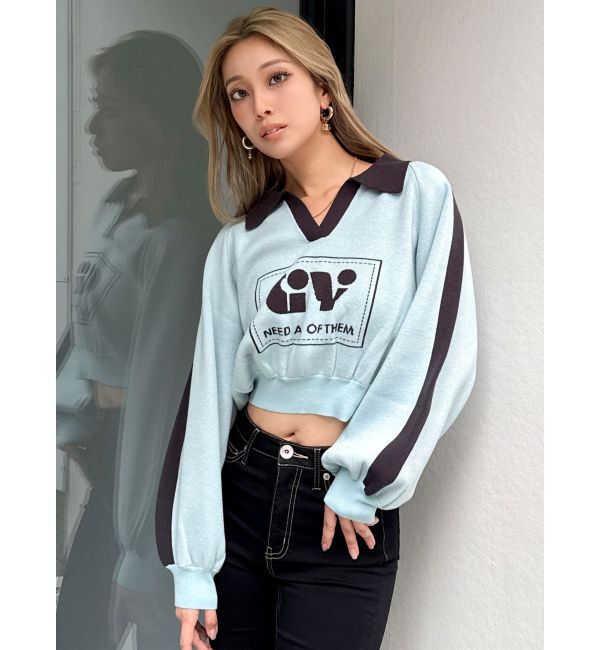 GYDA「round GY BICOLOR POLOニットトップス」|ニット・セーター|スカイブルー