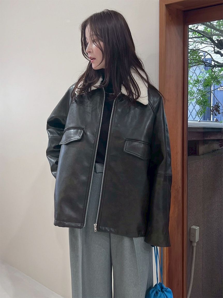 Mila Owen「ステンカラーフェイクレザーブルゾン」|ブルゾン・スタジャン|