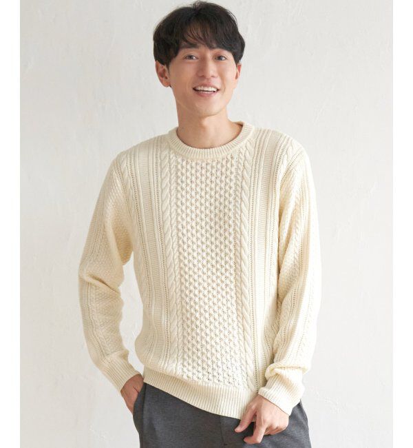 ikka「抗菌アランケーブルリサイクルニット」|プルオーバー|オフホワイト