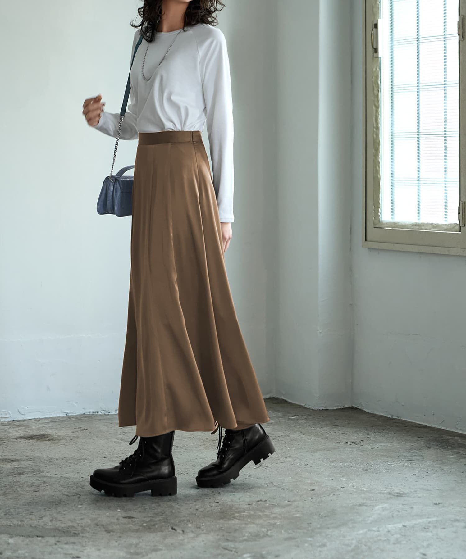 STYLE DELI「とろみサテンロングフレアスカート」|フレア|