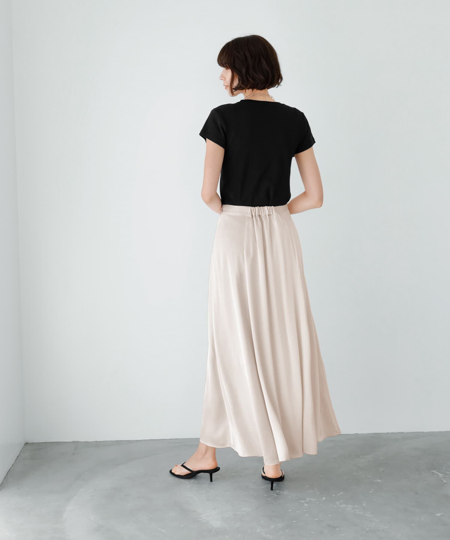 STYLE DELI「とろみサテンロングフレアスカート」|フレア|