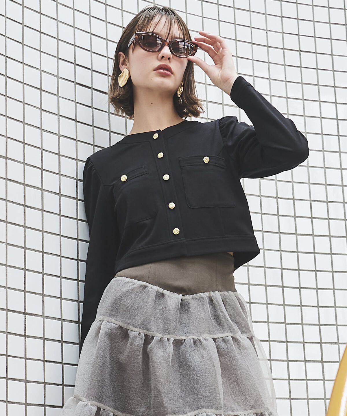 アンドクチュール「ポンチノーカラー長袖ジャケット」|その他|ブラック