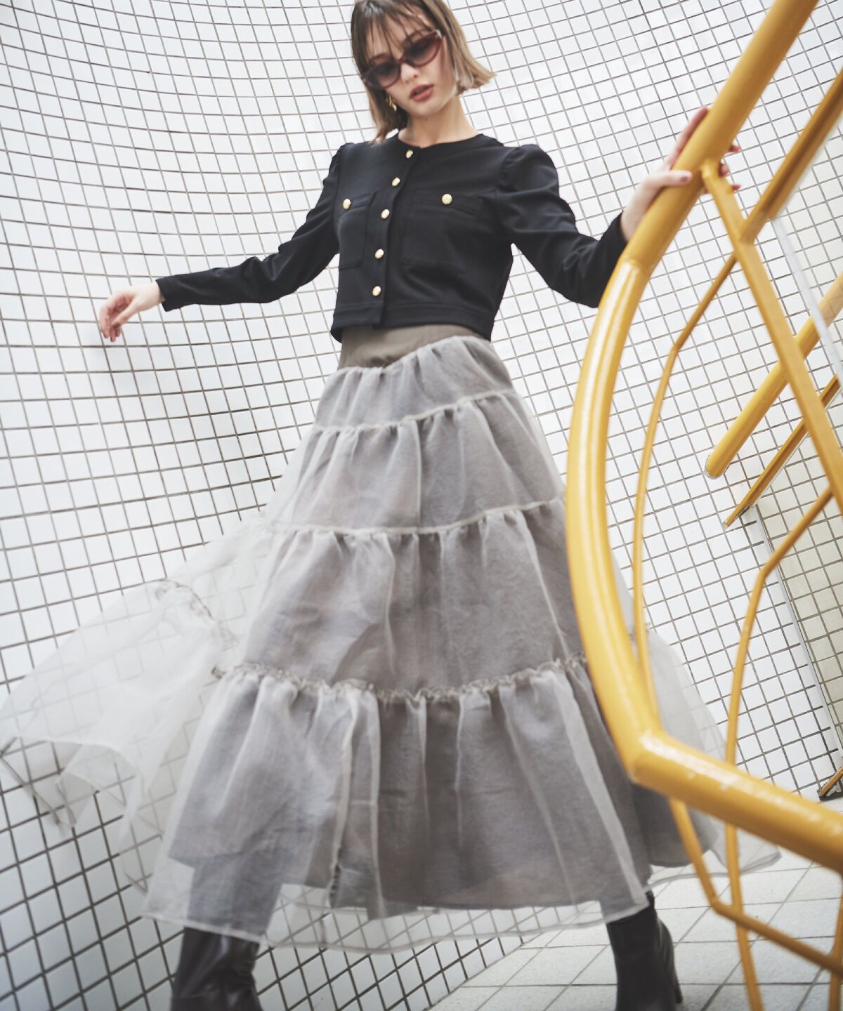 アンドクチュール「オーガンジーシアーティアードスカート」|フレア|ブラウン