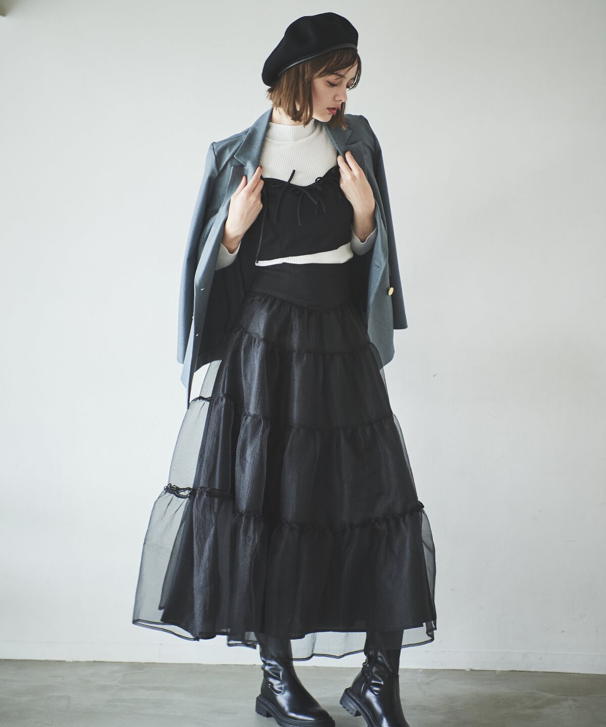 アンドクチュール「オーガンジーシアーティアードスカート」|フレア|