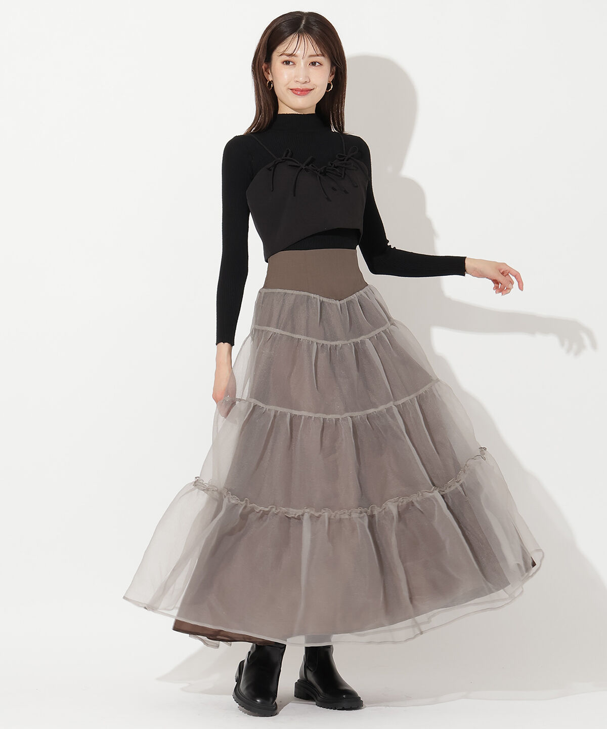アンドクチュール「オーガンジーシアーティアードスカート」|フレア|
