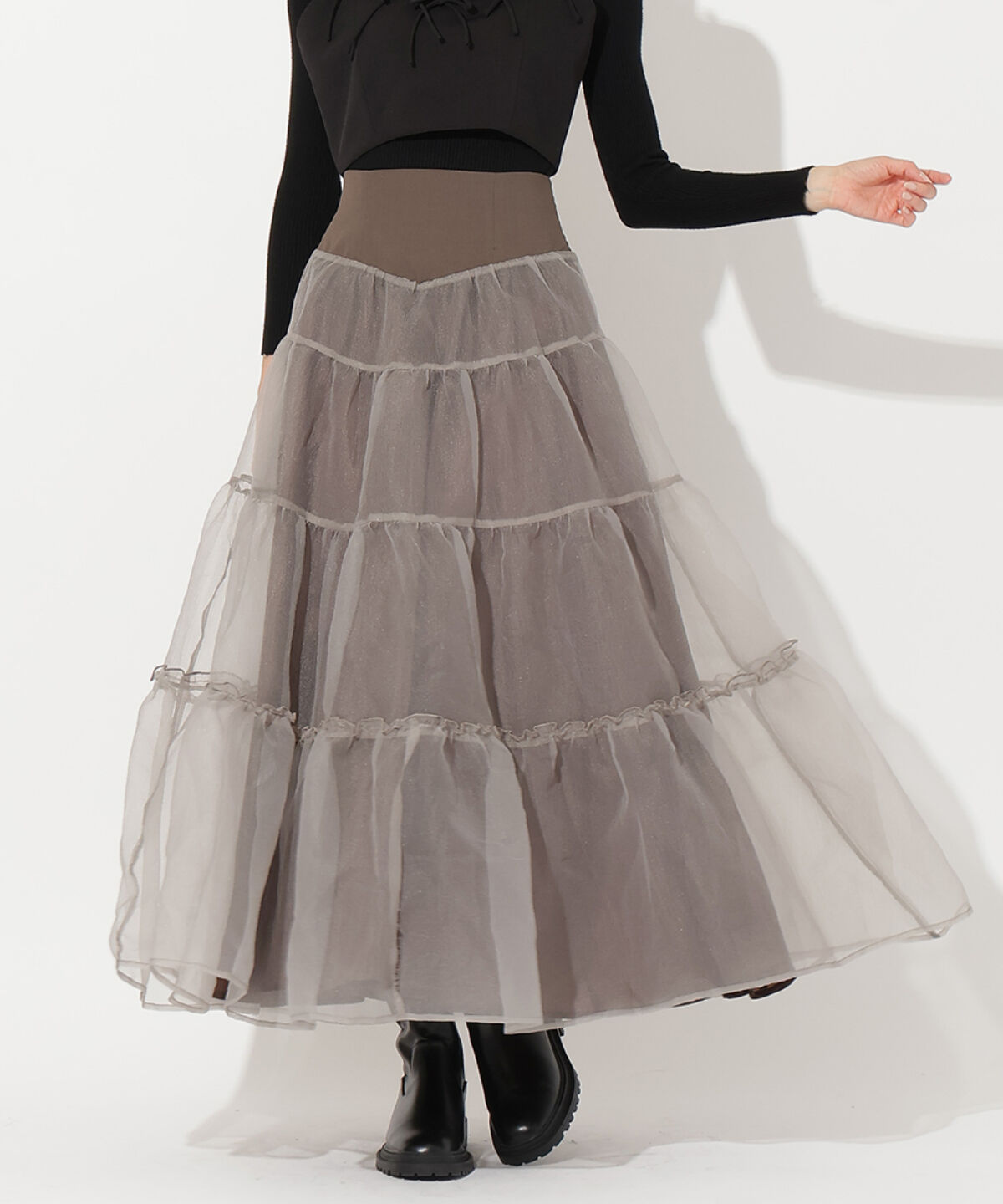 アンドクチュール「オーガンジーシアーティアードスカート」|フレア|