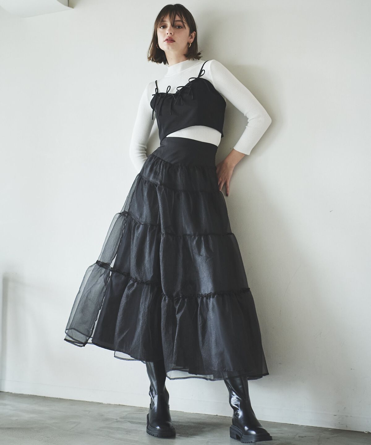アンドクチュール「オーガンジーシアーティアードスカート」|フレア|